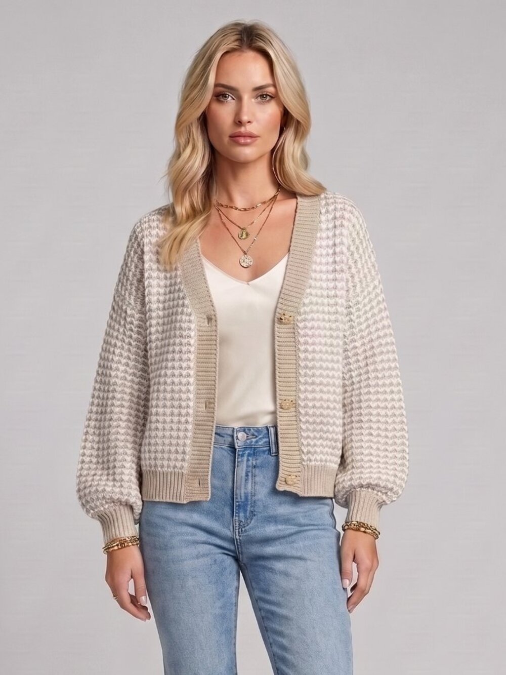 Women's Beige White Knit Cardigan V Neck Button Front Long Sleeve Sweater - Picture 1 of 5